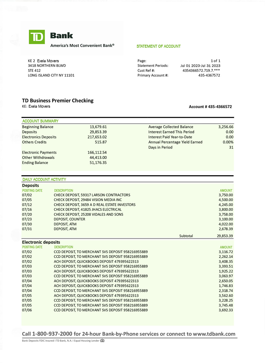 Relevé bancaire de la Banque TD